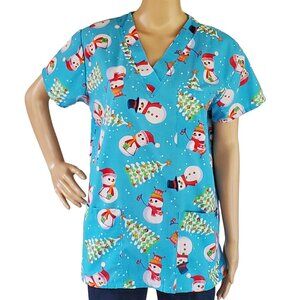 Winter Snowman Scrub Smock Top Women's S Pediatric Nurse Blue Pockets V Neck